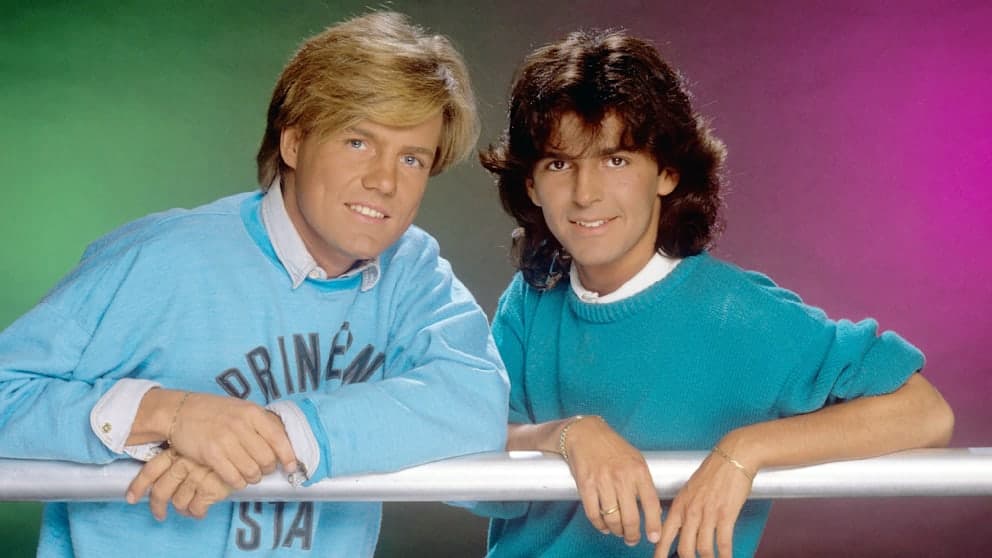 Das Popduo Modern Talking 1985 mit Dieter Bohlen (30) und Thomas Anders (21). Nach zwei Jahren folgte die Trennung, 1998 das Comeback und 2003 das endgültige Aus.